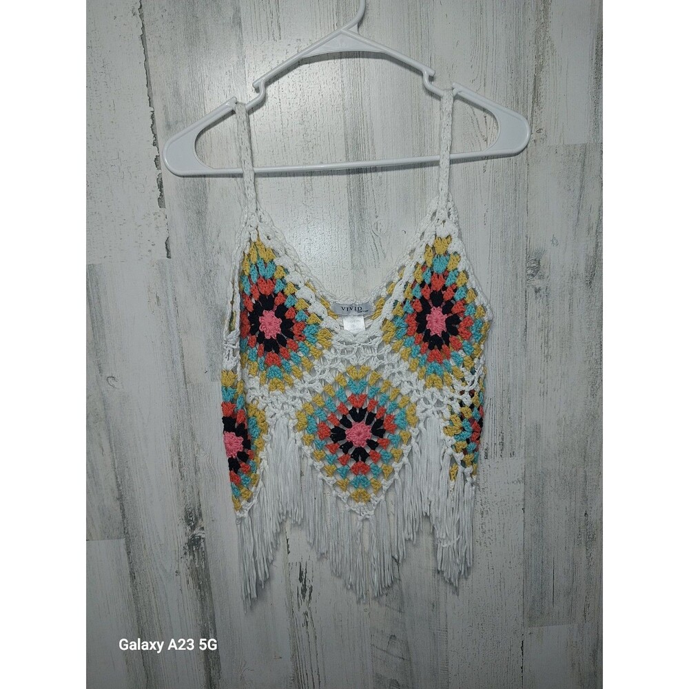 Vivid Multicolor Crocheted Hippie Top Women's SZ XL White Multi